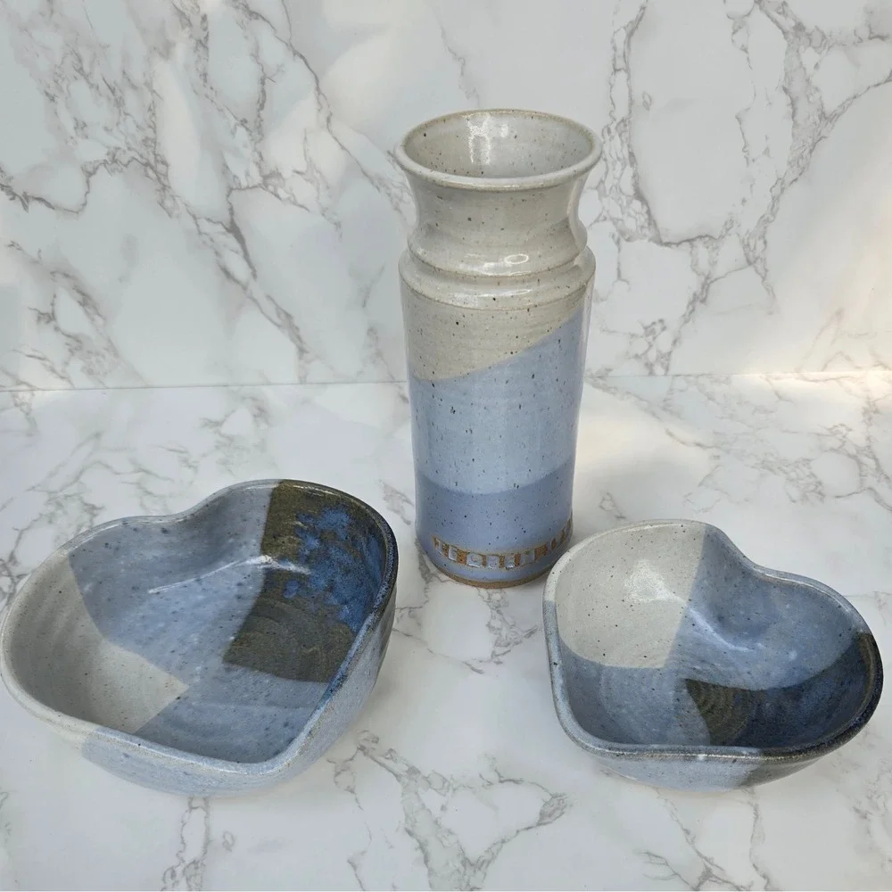 Studio Pottery Blue Glazed Vase and Heart Bowls Set Signed Artisan Stoneware